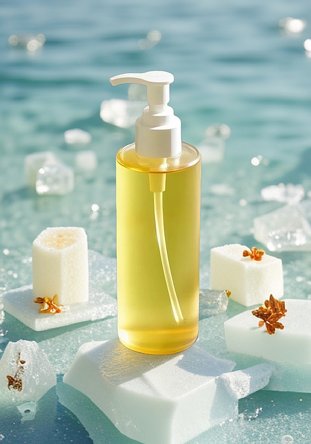 清新简约风格，透明冰块与黄色液体相映，营造夏日清爽感。