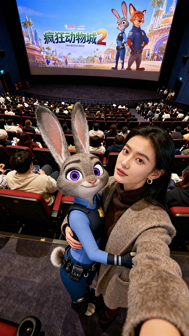 卡通感十足的3D角色与真人互动，虚拟现实技术打造沉浸式观影体验，节日氛围浓厚，创意融合现实与动画世界。