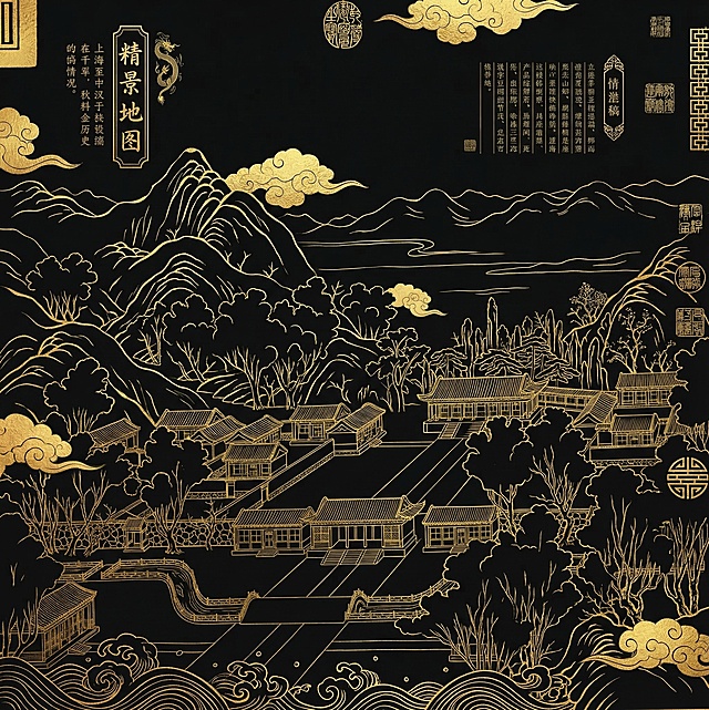 保留图一的圆明园建筑和山水布局结构，改成图二的烫金国潮线条画风，黑金配色，金色线条勾勒建筑山水，深色背景，搭配祥云国潮装饰元素，做成信息可视化设计素材