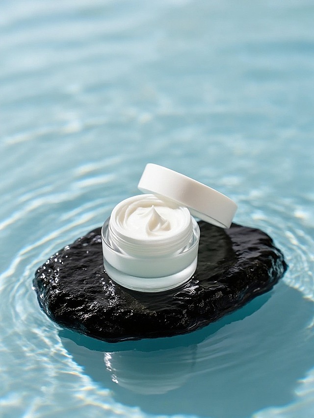 商业静物摄影。主体放置在水面上的黑色岩石上，背景是透明反光的淡蓝色水面，营造出明亮清新的氛围。简约高级的光影。