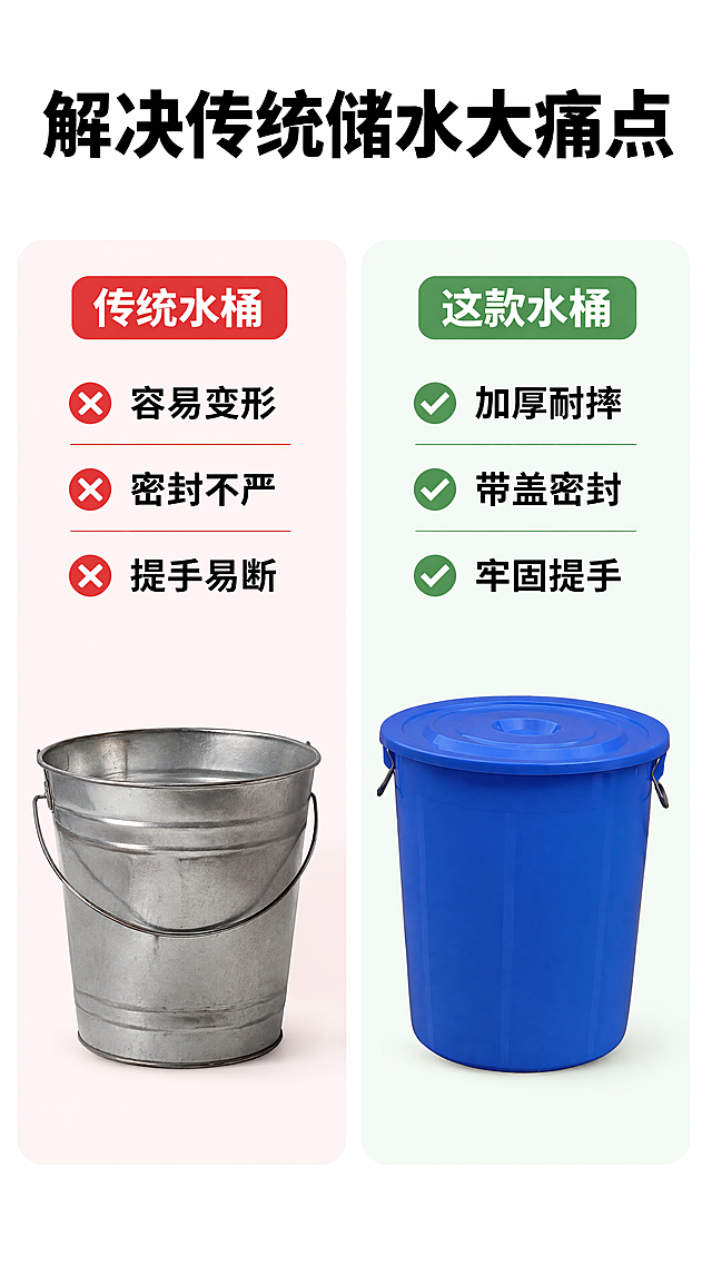 [第2屏] 痛点解决对比页，对比普通水桶和这款塑料水桶的优缺点。本屏使用【图1】蓝色水桶作为产品参考。
[氛围/风格] 清晰对比说明风，商业简约设计，信息层级分明。
[元素布局] 采用左右对比布局，左半部分展示普通水桶痛点，右半部分展示本款水桶优势，产品分别占据左右两侧约各40%区域，上下留出标题和说明文字。保持产品外观结构和颜色与原图一致。
[光影质感] 均匀布光，左右两侧光影一致，清晰展示产品细节，无明显过曝或死黑。
[配色色系] 全局底色 #FFFFFF，左侧浅红色背景块标注痛点，右侧浅绿色背景块标注优势，黑色文字保持对比清晰。
[视角构图] 左右对称对比构图，左痛点右优势，阅读动线从上到下。
[文字版式] 顶部大标题“解决传统储水大痛点”，左右分栏：左栏标题“传统水桶”，列出痛点“容易变形 | 密封不严 | 提手易断”；右栏标题“这款水桶”，列出优势“加厚耐摔 | 带盖密封 | 牢固提手”，文字醒目不遮挡产品主体。
[比例分辨率] 9:16，4K，文字清晰可辨。
[负向提示词] 产品变形，颜色偏差，文字重叠，结构错误，水印，背景杂乱