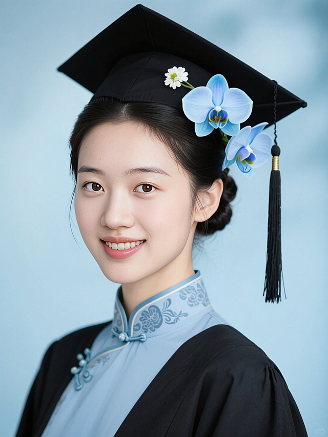 女生，学士服证件照，复古妆容，古典低盘发戴学士帽，黑色穗子，头上簪两朵浅蓝色的蝴蝶兰和白色小花，黑色学士服领口有复古花纹，内衬是淡蓝色旗袍盘扣领口，浅蓝色朦胧背景，露齿笑