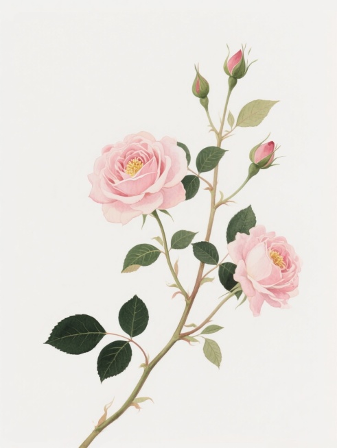 水彩风格插画，纯白色背景，画面主体为藤蔓状生长的粉色玫瑰花，花朵有含苞待放的花骨朵和完全盛开的形态，花瓣层次丰富，花蕊呈淡黄色，藤蔓上点缀着深绿色的椭圆形叶片，叶片带有清晰的叶脉纹理，整体构图呈现自然弯曲的曲线形态，色彩过渡柔和，保留水彩特有的透明晕染质感和轻盈笔触，光影表现自然，营造出清新雅致的氛围。预览效果