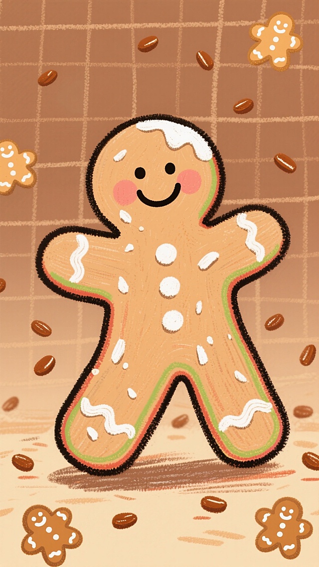 插画风姜饼人，蜡笔质感描边，拟人化笑脸，点缀糖霜与巧克力豆，暖色格纹背景，充满圣诞喜庆与可爱卡通感。