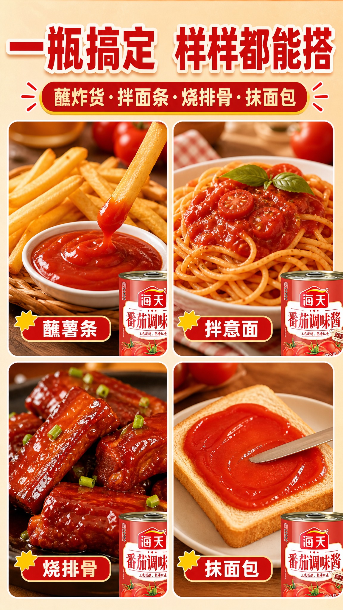 [商品] 使用【图1】海天番茄调味酱3kg大罐装；每格画面中均… - 图片创意预览