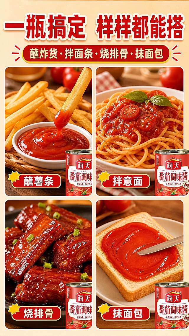 [商品] 使用【图1】海天番茄调味酱3kg大罐装；每格画面中均出现同款红色罐装番茄酱一角（罐身露出海天Logo或"番茄调味酱"字样的一部分），保持产品识别统一；四格中的食物均使用红亮番茄酱，颜色质感一致。
[画面] 目标：卖点五·百搭多用，四格拼接展示多种吃法。2×2四格圆角卡片拼接布局，统一暖色调：左上格=蘸薯条（金黄薯条蘸红酱，酱罐在旁）；右上格=拌意面（番茄意面，酱罐在角）；左下格=烧排骨（红烧排骨裹红亮酱汁，酱罐在角）；右下格=抹面包（吐司抹番茄酱，酱罐在角）；每格均为美食特写，画面右下角或角落露出海天番茄调味罐的一角，形成产品贯穿；四格之间有细白色分隔线，整体统一暖调食欲感。
[视觉] 套系策略：风格=家常烟火气商业美食摄影+拼多多大字报风格；标题字=粗黑体厚重醒目；正文字=简洁黑体；主色=番茄红；背景延展=暖米色/浅木色的统一暖调背景；强调色=金黄色，用于小标签和引线；标题色=正红色+白色描边；正文色=深棕红；组件=圆角红底信息卡、黄色爆炸贴、虚线引线；光影=每格均为暖柔光，食物表面有自然高光，食欲感强。
[文字] 顶部通栏主标题"一瓶搞定 样样都能搭"，副标题"蘸炸货·拌面条·烧排骨·抹面包"，四格底部各有小字标签："蘸薯条""拌意面""烧排骨""抹面包"；文字在顶部通栏和各格底部，不遮挡食物主体。
[规格] 图片比例9:16竖版，4K，负向提示：避免四格色调不统一、酱色差异大、罐体露出不清晰、画面杂乱、冷色调、文字竖排。