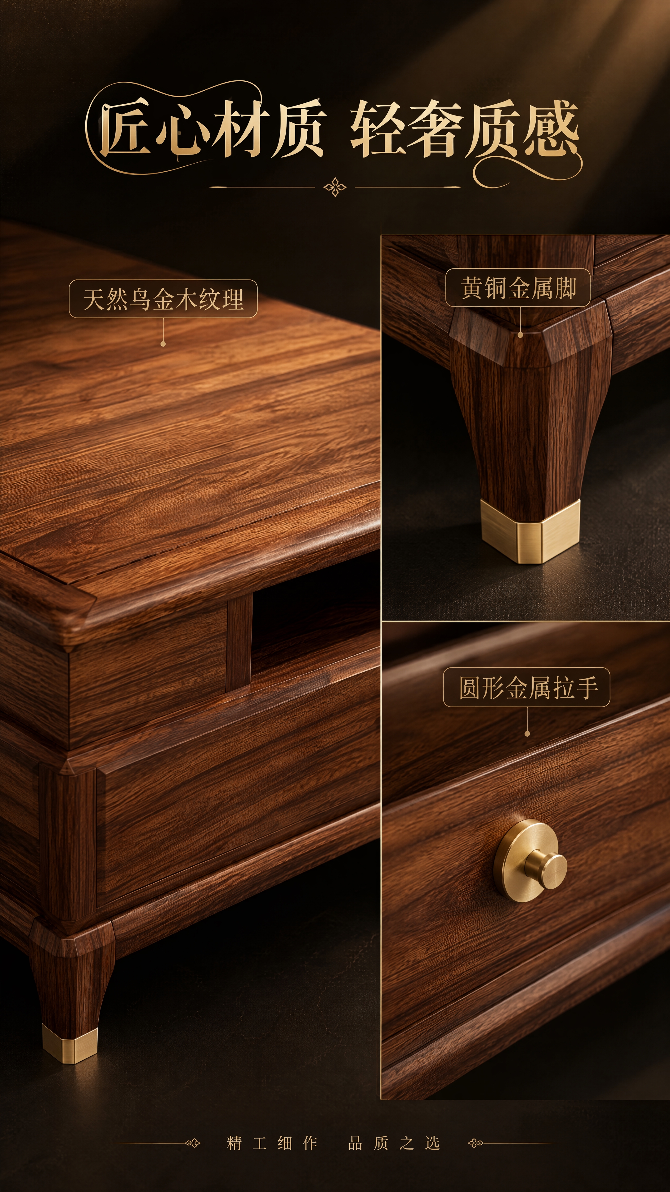 [第6张] 材质工艺展示页-乌金木木纹与金属细节。本张使用【图… - 图片创意预览