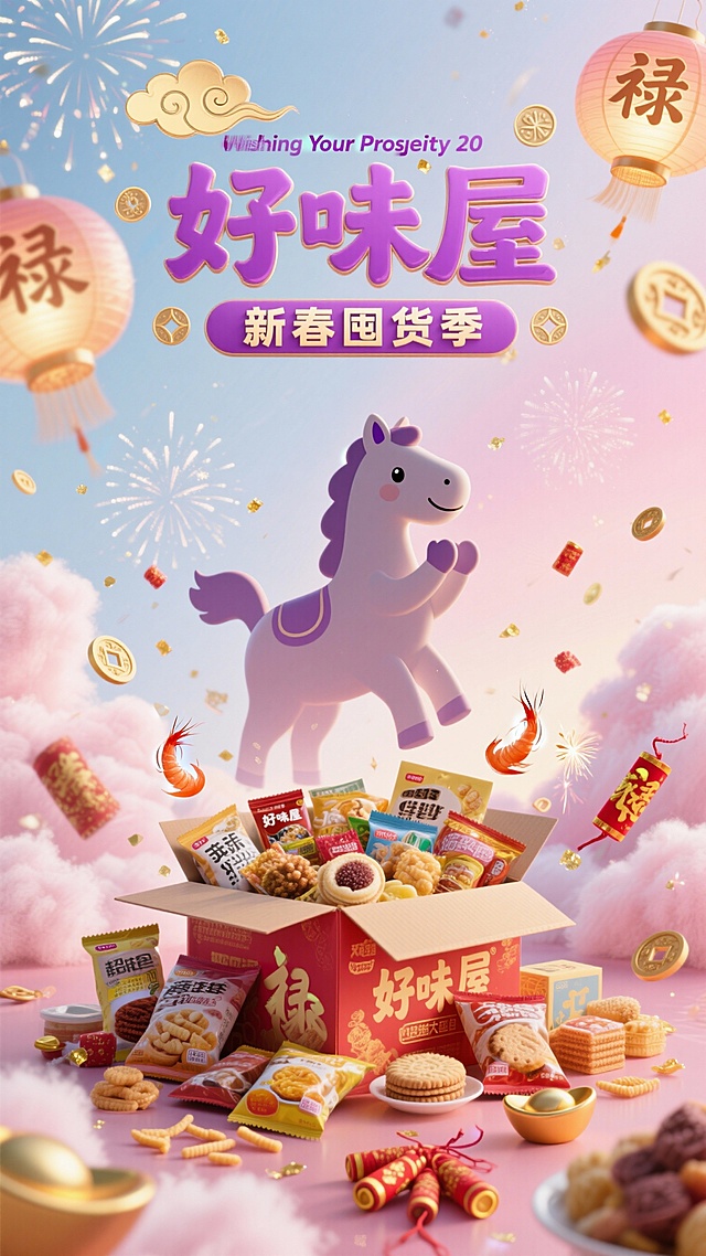 软3D风卡通马跃于新春礼盒之上，国潮元素与粒子烟花交织，喜庆梦幻中透出可爱气息，传递春节团圆好味。