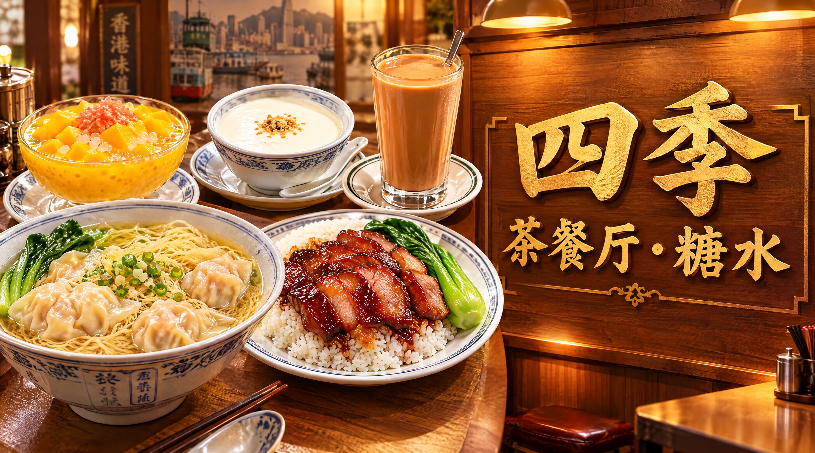 茶餐厅店招设计，横版长方形构图，港式茶餐厅风格，画面左侧是诱人… - 图片创意预览