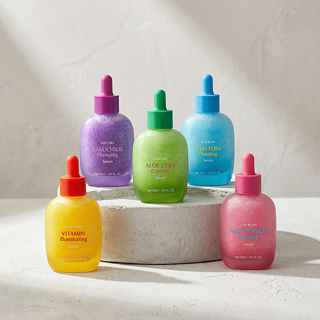 [主图 7] 全套产品展示，五瓶精华错落摆放在浅灰色石膏静物台，光影通透，突出每瓶不同色彩和磨砂瓶身质感，商业摄影质感，光线柔和通透，产品清晰真实，画面干净高级，保留产品原有外观和所有英文文字，符合欧美市场审美，1:1构图，2k分辨率，超高清，负向提示词：变形，水印，文字错乱，产品图模糊，背景杂乱