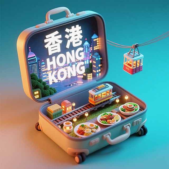 俯视图，一个打开的行李箱，行李箱内侧盖子写着“香港HONGKONG“，行李箱体里是维多利亚港夜景、太平山缆车、美食组成的3d微缩景观，行李箱被放在地上