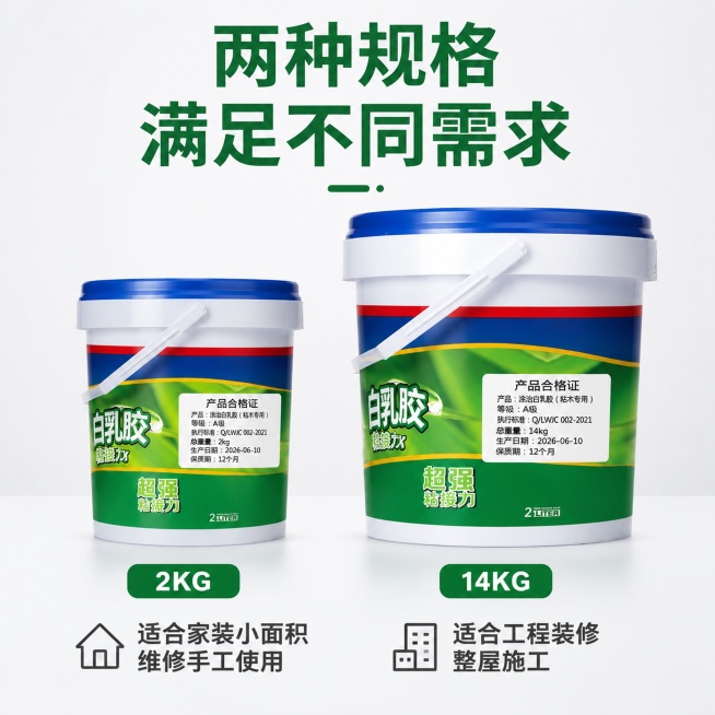 [主图-5] 涂治白乳胶两种规格SKU展示。
[氛围风格] 清晰直观，选型明确，专业简洁。
[画质] 高清商业摄影，两款产品都清晰真实。
[元素] 上方标题「两种规格 满足不同需求」，中部横向并排展示预览效果