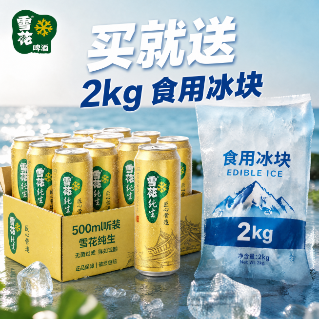 [单张主图] 雪花纯生啤酒罐装整箱，买就送2kg食用冰块促销主图，完全参照第二张图的风格和版式生成。
[参考比对] 参考第二张乐堡原图版式：左上角品牌Logo，顶部超大主标题，左下方纸箱装啤酒加单罐突预览效果