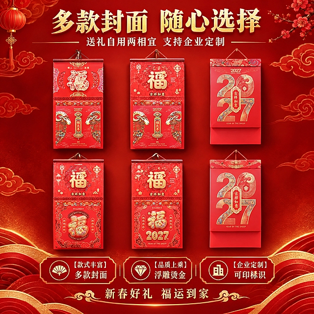 [主图-5] 多款式展示，呈现多款不同封面的撕历挂历，突出选择丰富。严格保留每款产品本身样子，不改动产品外观。
[统一基调] 整体风格为传统年俗喜庆风，背景主色为中国红渐变搭配金色祥云暗纹，标题字色为烫金色，辅助字色为米白色，强调色为正红色，字体为大气宋体结合，字号层级分明，信息卡片用金色描边红底样式，整体传递高端喜庆的年历福文化质感。
[画面] 画面上方为大标题区，中间区域展示多款封面整齐排列（上排3款下排3款，共6款代表款式），每款外观均与输入图对应一致，涵盖双层福字款、领头羊款、2027数字款等不同设计。下方为核心利益点区，用简洁的图标+文字列出多款式与定制信息。背景为红色渐变，底部有金色波浪纹装饰。
[光影质感] 商业产品陈列摄影质感，多款产品整齐排列，大小一致，光线均匀，每款产品的浮雕烫金细节都清晰可见，整体整齐美观。
[配色] 主色中国红+烫金色，多款产品各有特色但色调统一，背景红金搭配，整体喜庆大气。
[文字版式] 顶部大标题"多款封面 随心选择"烫金色加粗大字。下方副标题"送礼自用两相宜 支持企业定制"米白色小字。底部三个利益点横向排列："【款式丰富】多款封面"、"【品质上乘】浮雕烫金"、"【企业定制】可印标识"，图标+文字组合。最底部一行"新春好礼 福运到家"。
[输出要求] 1:1正方形比例，2K分辨率，文字清晰，产品款式区分明确且各款外观与原图一致，无变形错字，无水印无平台Logo。