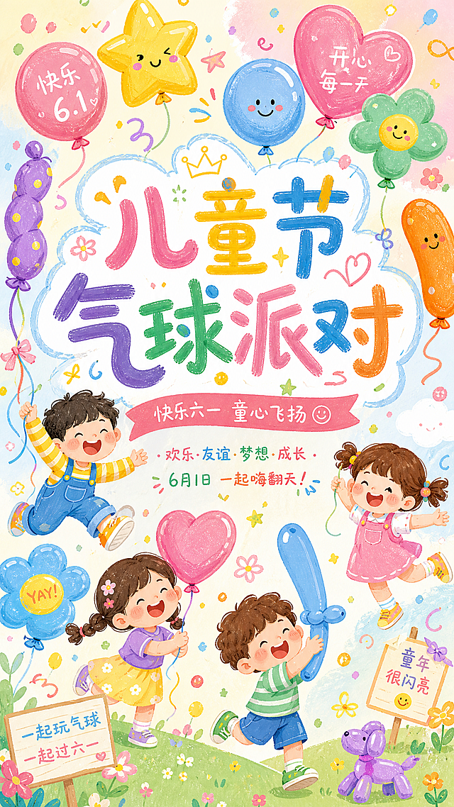 六一儿童节气球派对主题海报，采用2026年流行的幼稚天真手绘风格，马卡龙柔和配色，不规则歪扭涂鸦，融入多种彩色气球，小孩欢快氛围，主标题“儿童节气球派对”，充满童趣和快乐，手机竖屏海报