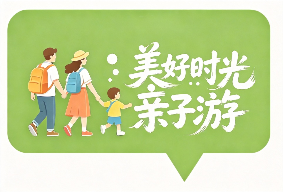 将图片中的蓝色纯色底板替换为清新绿色的纯色背景，保留画面中的人物和文字美好时光亲子游不变，保持整体插画风格不变预览效果