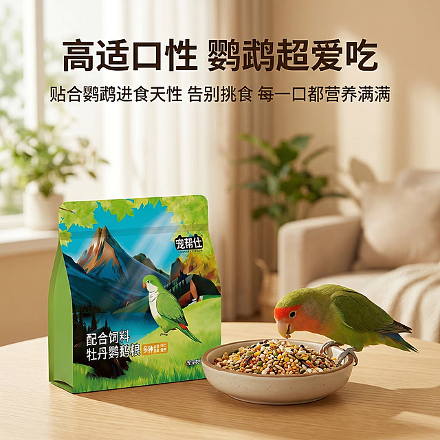 第 5 张主图（核心卖点・科学能量配比控脂防肥胖）中文提示词：1:1 竖版电商主图，严格还原上传的宠帮仕鹦鹉粮产品图，包括包装设计、LOGO 位置等所有细节，产品外观必须与参考图完全一致，不得改变包装设计、配色方案或品牌元素，保持谷物种子的真实颗粒质感，产品尺寸 1:1 还原。主标题：科学能量配比 告别肥胖烦恼副标题：多种谷物种子科学搭配 低负担 养出健康好体态信息布局：画面左上角固定放置品牌名「宠帮仕」，画面上半部分为各类谷物种子的特写组合，清晰展示原料的饱满质感，画面下半部分为体态健康的玄凤鹦鹉站立画面，背景为清新自然的户外草地场景，搭配图标标注 “低脂肪”“高营养”“不挑食”。排版形式：杂志级精致上下分栏排版，主标题采用加粗无衬线黑体，位于画面顶部，副标题紧随其下，画面元素层级清晰，全画面中文文字统一使用无衬线黑体，格式与整体完全统一。设计感强调：柔和自然光影，突出原料的优质与鹦鹉的健康体态，可视化呈现 “科学配比、控脂健康” 的核心卖点，与整体风格完全统一，无割裂感，精准击中养宠用户怕鹦鹉肥胖、挑食的核心痛点。负面提示词：禁止改变产品包装的设计与品牌元素，禁止修改品牌 LOGO 的位置与字体，禁止谷物与鹦鹉比例失调，禁止字体杂乱不统一，禁止场景杂乱违和，禁止画面出现割裂感，禁止添加无关元素，禁止鹦鹉体态表现失真。第 6 张主图（核心卖点・锁鲜包装防潮易储存）中文提示词：1:1 竖版电商主图，严格还原上传的宠帮仕鹦鹉粮产品图，包括自立自封袋的袋型、封口结构、包装插画、LOGO 位置等所有细节，产品外观必须与参考图完全一致，不得改变包装设计、配色方案或品牌元素，保持自立自封袋的光滑高光质感，产品尺寸 1:1 还原。主标题：自立自封锁鲜包装 防潮隔氧不浪费副标题：500g 规格 随取随封 长久锁鲜 储存无忧信息布局：画面左上角固定放置品牌名「宠帮仕」，画面中心为产品包装的封口结构特写，清晰展示自封条的细节，搭配自立摆放的产品全景，背景为纯白色干净背景，用图标 + 文字标注三大优势：“自立设计 摆放便捷”“自封封口 防潮锁鲜”“小规格 新鲜不浪费”。排版形式：杂志级精致特写排版，主标题采用加粗无衬线黑体，位于画面顶部，副标题紧随其下，包装细节占据画面 65% 核心视觉区域，全画面文字格式与整体完全统一。设计感强调：均匀柔和的光影，精准还原包装的材质质感与封口结构细节，画面干净通透，可视化呈现 “锁鲜、易储存、不浪费” 的核心卖点，与整体风格完全统一，无割裂感，打消用户对储存、变质的顾虑。负面提示词：禁止改变产品包装的袋型、结构与设计元素，禁止修改品牌 LOGO 的位置与字体，禁止模糊包装封口的细节质感，禁止产品比例失调，禁止字体杂乱不统一，禁止画面出现割裂感，禁止添加无关元素，禁止包装质感表现失真。第 7 张主图（适配性・全品类中小型鹦鹉通用）中文提示词：1:1 竖版电商主图，严格还原上传的宠帮仕鹦鹉粮产品图，包括包装设计、LOGO 位置等所有细节，产品外观必须与参考图完全一致，不得改变包装设计、配色方案或品牌元素，产品尺寸 1:1 还原。主标题：全品类中小型鹦鹉通用副标题：适配牡丹 / 玄凤 / 虎皮 / 小太阳等中小型观赏鸟类信息布局：画面左上角固定放置品牌名「宠帮仕」，画面中心为产品包装全景，周围环绕对应适配的鹦鹉（牡丹、玄凤、虎皮、小太阳），每只鹦鹉旁标注对应品种名称，背景为清新浅绿渐变背景，画面底部标注 “分品种定制 更懂爱鸟需求”。排版形式：杂志级精致环绕式排版，主标题采用加粗无衬线黑体，位于画面顶部，副标题紧随其下，产品包装占据画面中心视觉重心，适配品种标注清晰直观，全画面文字格式与整体完全统一。设计感强调：柔和均匀的光影，色彩清新自然，直观展示产品的全品类适配性，用户一眼即可判断是否适配自家宠物，与整体风格完全统一，无割裂感。负面提示词：禁止改变产品包装的设计与品牌元素，禁止修改品牌 LOGO 的位置与字体，禁止添加无关鸟类品种，禁止产品与鹦鹉比例失调，禁止字体杂乱不统一，禁止品种标注错误，禁止画面出现割裂感，禁止添加无关元素。第 8 张主图（原料特写・天然无添加品质看得见）中文提示词：1:1 竖版电商主图，严格还原上传的宠帮仕鹦鹉粮产品图，包括包装设计、LOGO 位置等所有细节，产品外观必须与参考图完全一致，不得改变包装设计、配色方案或品牌元素，保持粮体食材的真实颗粒质感，产品尺寸 1:1 还原。主标题：天然优质原料 品质肉眼可见副标题：无人工色素 无有害添加 守护爱鸟饮食健康信息布局：画面左上角固定放置品牌名「宠帮仕」，画面采用四分格网格排版，四个特写画面分别展示：谷物种子、冻干果蔬、坚果油料、草本添加，每一格搭配对应原料的优势标注，画面右下角搭配产品包装小图，背景为浅米色干净背景。排版形式：杂志级精致网格排版，主标题采用加粗无衬线黑体，位于画面顶部，副标题紧随其下，四个原料特写均匀分布在画面中，视觉占比均衡，全画面文字格式与整体完全统一。设计感强调：微距美食摄影光影，精准放大每一种原料的新鲜质感，画面细节拉满，可视化呈现 “天然、无添加、高品质” 的核心卖点，与整体风格完全统一，无割裂感，建立用户信任感。负面提示词：禁止改变产品包装的设计与品牌元素，禁止修改品牌 LOGO 的位置与字体，禁止模糊原料的细节质感，禁止产品比例失调，禁止字体杂乱不统一，禁止排版杂乱，禁止画面出现割裂感，禁止添加无关元素，禁止原料质感表现失真。第 9 张主图（场景化・日常喂食沉浸式体验）中文提示词：1:1 竖版电商主图，严格还原上传的宠帮仕鹦鹉粮产品图，包括包装设计、LOGO 位置等所有细节，产品外观必须与参考图完全一致，不得改变包装设计、配色方案或品牌元素，保持包装的光滑高光质感，产品与鹦鹉的尺寸比例 1:1 还原，真实物理空间大小关系协调无突兀感。主标题：高适口性 鹦鹉超爱吃副标题：贴合鹦鹉进食天性 告别挑食 每一口都营养满满信息布局：画面左上角固定放置品牌名「宠帮仕」，画面中心为家居桌面场景，产品包装摆放在画面左侧，右侧食盒内装满鹦鹉粮，一只牡丹鹦鹉正在食盒旁低头进食，背景为明亮温馨的家居环境，自然虚化突出主体。排版形式：杂志级精致沉浸式场景排版，主标题采用加粗无衬线黑体，位于画面顶部，副标题紧随其下，喂食场景占据画面 70% 核心视觉区域，全画面文字格式与整体完全统一。设计感强调：温暖治愈的家居自然光光影，画面自然和谐，生动还原日常喂食场景，可视化呈现 “高适口性、鹦鹉爱吃” 的卖点，与整体风格完全统一，无割裂感，让用户直观联想产品的使用效果，激发购买欲。负面提示词：禁止改变产品包装的设计与品牌元素，禁止修改品牌 LOGO 的位置与字体，禁止产品、鹦鹉、食盒比例失调，禁止字体杂乱不统一，禁止场景杂乱违和，禁止鹦鹉进食姿态僵硬不自然，禁止画面出现割裂感，禁止添加无关元素。第 10 张主图（品牌收尾・品质保障转化主图）中文提示词：1:1 竖版电商主图，严格还原上传的宠帮仕鹦鹉粮产品图，包括包装设计、LOGO 位置等所有细节，产品外观必须与参考图完全一致，不得改变包装设计、配色方案或品牌元素，产品尺寸 1:1 还原，整体风格与前 9 张完全统一。主标题：宠帮仕 专注科学养宠 守护爱鸟健康副标题：正品保障 售后无忧 给爱鸟更优质的饮食体验信息布局：画面顶部居中放大展示品牌 LOGO「宠帮仕」，画面中心为三款产品同框全景，搭配两只健康活泼的鹦鹉互动画面，画面底部用对称图标 + 文字标注三大保障：“正品保障”“七天无理由”“破损包赔”，最底部标注行动号召文案 “科学喂养 从选对粮开始”。排版形式：杂志级精致居中排版，主标题采用加粗无衬线黑体，位于画面顶部，副标题紧随其下，产品与鹦鹉场景占据画面 60% 核心视觉区域，底部保障信息对称排版，视觉层级清晰，全画面中文文字统一使用无衬线黑体，格式与整体完全统一。设计感强调：温暖柔和的光影，营造安心靠谱的氛围，强化品牌认知，打消用户售后顾虑，促进最终转化，与整体风格完全统一，无割裂感，首尾呼应，完成完整的主图浏览闭环。负面提示词：禁止改变产品包装的设计与品牌元素，禁止修改品牌 LOGO 的位置与字体，禁止产品与鹦鹉比例失调，禁止字体杂乱不统一，禁止画面杂乱违和，禁止风格与整体割裂，禁止添加无关元素，禁止文字生硬冰冷，禁止画面出现割裂感。