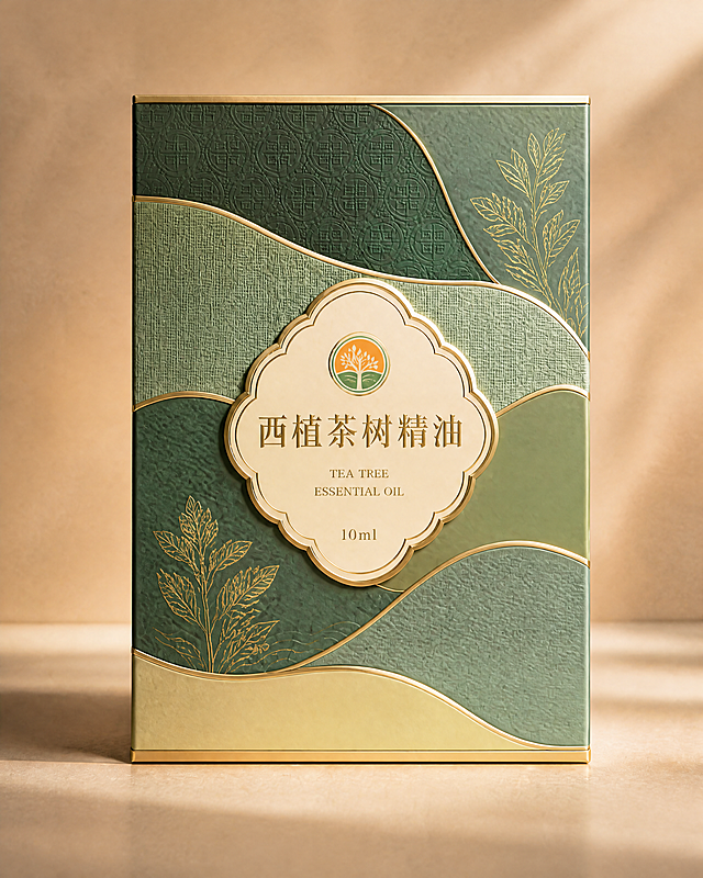 高端精油包装盒立体效果图，竖版天地盖盒型，与第一张参考图完全相同的曲线分层排版结构和植物位置。只更换色调：参考第三张图的丰富绿色系，包含深墨绿、青蓝绿、橄榄绿、灰绿、浅豆绿、米金色的多层渐变绿色调。顶部区块铜钱纹暗纹压花、中间区块布纹肌理、底部区块不同肌理，所有曲线烫金描边。左下角和右上角的金色线描茶树叶片枝条保持原位不变。中央花窗形徽章标签，米白底烫金边，内有橙绿圆形品牌Logo、"西植茶树精油"烫金大字、TEA TREE ESSENTIAL OIL、10ml。竖版盒型，上下金色细边，柔和暖光，正面视角，只换色调不改版式结构