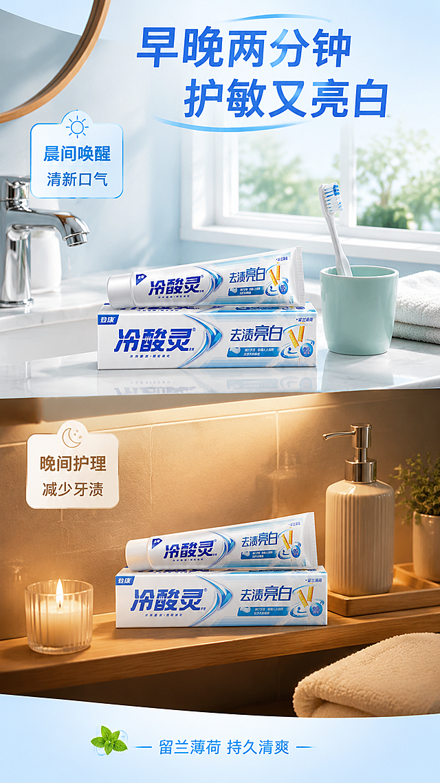 [第6屏] 详情页使用场景-晨间晚间刷牙日常。本屏使用【图1】作为商品主体。
[氛围/风格] 温馨生活场景感，真实居家环境，温暖自然光，舒适治愈。
[元素布局] 画面采用上下双场景拼图，上半部分是晨间洗漱场景：明亮的浴室洗手台上，冷酸灵牙膏与牙刷、漱口杯摆放一起，窗外晨光洒入；下半部分是晚间护理场景：暖色调的卫生间，牙膏置于置物架旁，氛围柔和；产品在两个场景中均清晰可见，各占约25%。
[光影质感] 上半区冷调自然光，明亮通透；下半区暖调室内光，柔和温馨；产品在两个场景中都保持清晰可辨。
[配色色系] 全局底色上半 #E8F4FF 晨光蓝、下半 #FFF5E8 暖灯黄；主色冷酸灵蓝；辅助色白色、木色、薄荷绿。
[视角构图] 上下双场景竖拼，阅读动线晨间场景 → 晚间场景，体现早晚使用习惯。
[文字版式] 顶部大标题「早晚两分钟 护敏又亮白」；上场景左上角标签「晨间唤醒 清新口气」；下场景左上角标签「晚间护理 减少牙渍」；底部一行小字「留兰薄荷 持久清爽」；文字融入场景，不遮挡产品。
[比例分辨率] 9:16 竖版比例，4K分辨率，文字清晰可辨，高清画质。
[负向提示词] 产品变形，包装文字错乱，场景杂乱，人物抢镜，水印，文字过小。