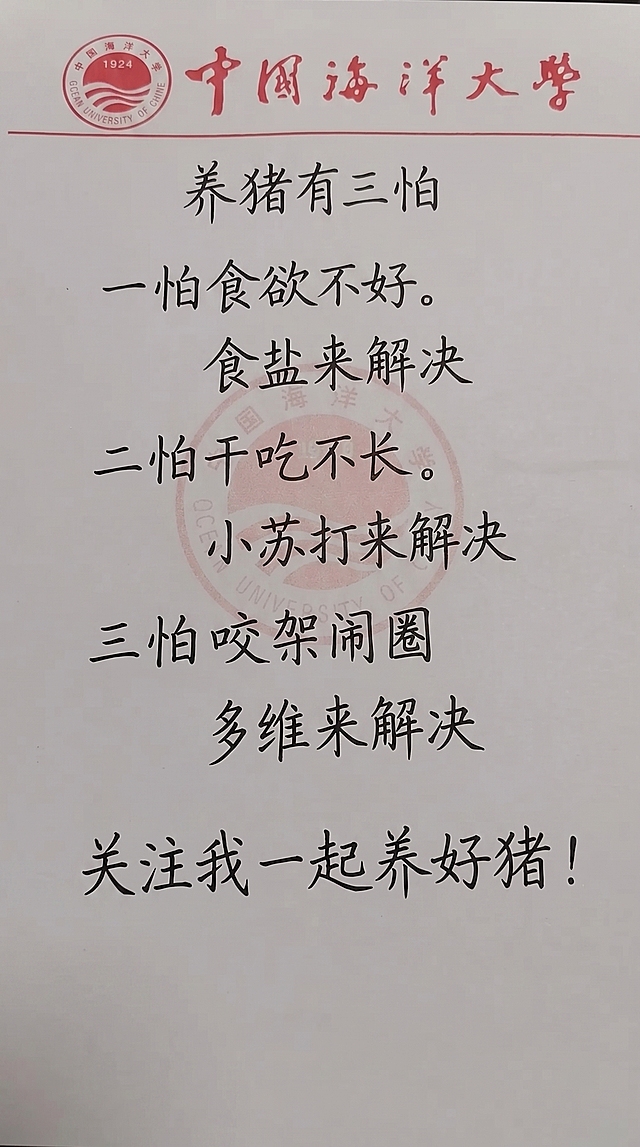 参照原图的手写黑色字体和整体排版布局，将原有文字一字不差替换为新内容：养猪有三怕
一怕食欲不好。
食盐来解决
二怕干吃不长。
小苏打来解决
三怕咬架闹圈
多维来解决
关注我一起养好猪！保持手写风格，字体和颜色与原图一致，排版布局合理
