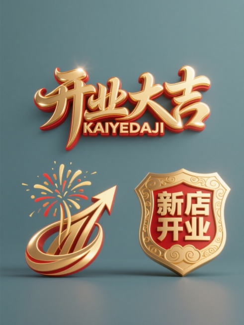 纯色背景上，三个具有相同金色立体金属质感、红色描边和高光效果的开业主题元素规整排布，每个元素造型完全不同：第一个是"开业大吉"艺术字，字体设计华丽大气，笔画间有流畅的曲线和尖锐的棱角，下方配有"KAIYEDAJI"拼音；第二个是抽象的开业庆典标志，由向上的箭头和绽放的礼花图形组合而成，线条流畅且富有动感；第三个是包含"新店开业"字样的盾牌形状徽章，边缘有祥云花纹装饰，整体设计庄重而喜庆，所有元……预览效果