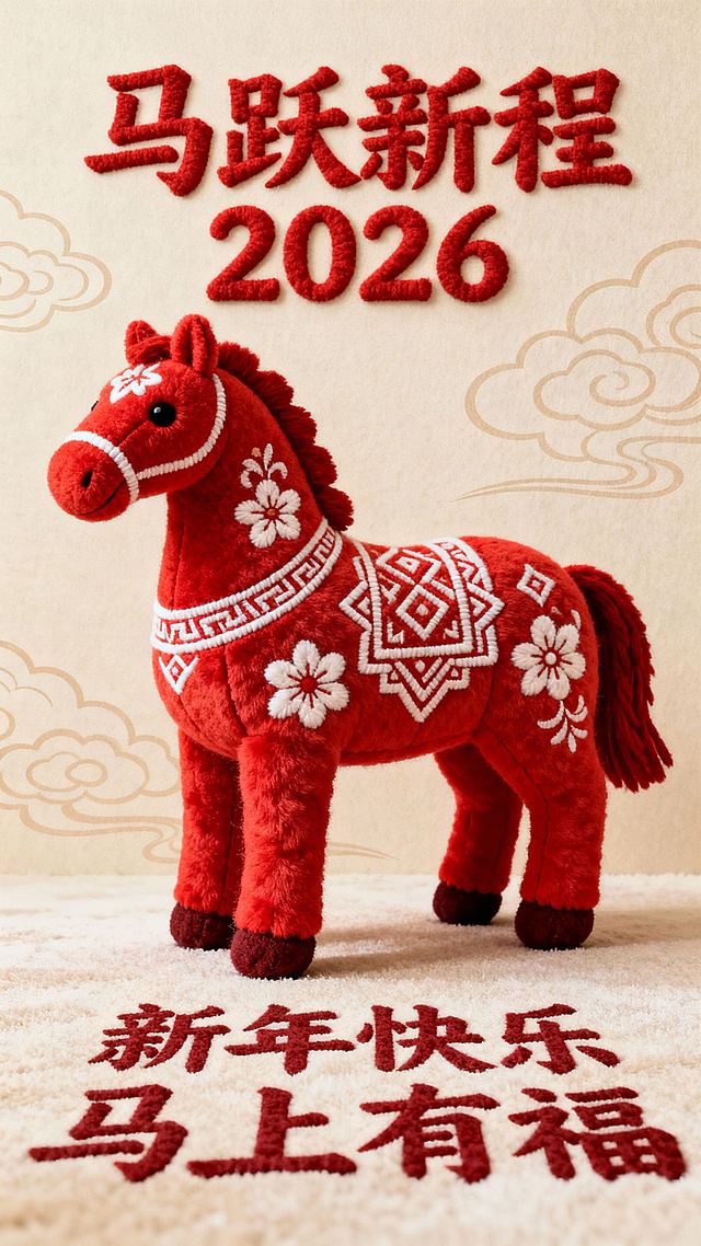 画面视觉中心是剪纸造型的毛绒马（通体红色，表面装饰白色刺绣花纹和几何纹样），背景为浅米色底 + 淡色祥云暗纹，主标题毛绒的艺术字“马跃新程2026“，背景有透视隶书大字“新年快乐 马上有福”在地面上