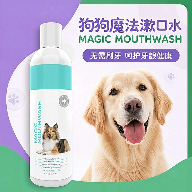 [主图]狗狗口腔护理漱口水主图，去除产品包装上"alpha paw"品牌logo保留所有其他原文字信息，按照第四张图紫绿撞色风格设计，左侧产品瓶子右侧金毛狗狗，左右排版，文字为"狗狗魔法漱口水 MAGIC MOUTHWASH"和"无需刷牙 呵护牙龈健康"，采用圆润字体保持产品原有外观颜色和所有功能文字不变，只去除品牌logo，背景干净，商业摄影质感，光线柔和通透，商品主体占比60%-70%，主色调紫色绿色，左右排列，4:3比例，4K分辨率，文字清晰可辨，负向提示词：变形，水印，文字错乱，产品图模糊，背景杂乱，logo残留