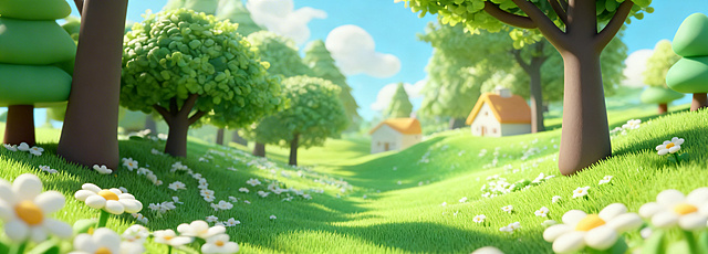 3D软萌治愈风格森林场景，绿色的草地，白色小雏菊，高大的绿树，远处的小房子，晴朗的蓝天和蓬松的白云，没有任何文字
