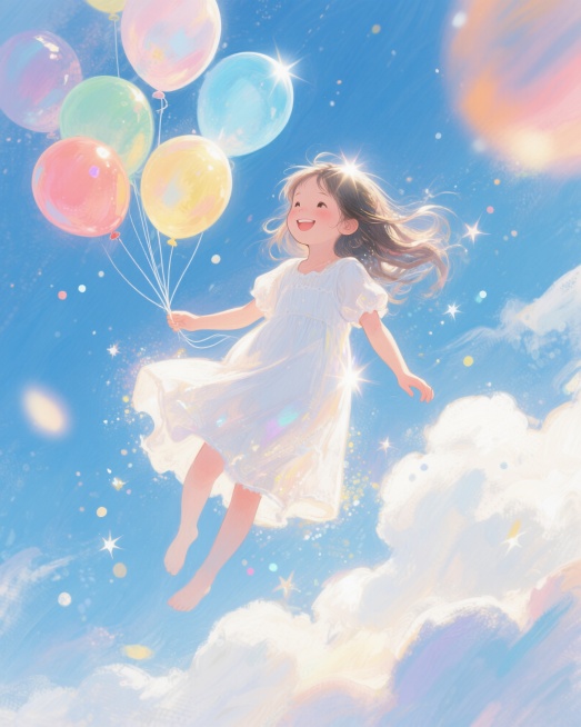 一个小女孩漂浮在天空中，穿着轻盈的白色连衣裙，长发随风飘动，周围有彩色的气球和白云，阳光洒在她身上，脸上带着微笑，整体画面充满梦幻和童真预览效果