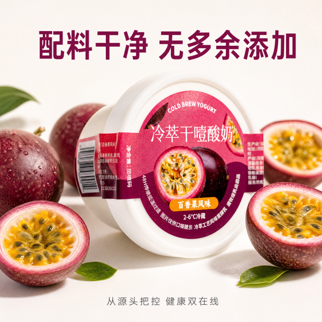 [主图-4] 配料干净卖点展示；
[氛围风格] 简约干净，突出无添加健康理念；
[画质] 商业摄影质感、光线柔和通透、产品清晰真实、画面干净高级。
[元素] 单杯百香果风味冷萃酸奶居中展示，周围摆放真预览效果