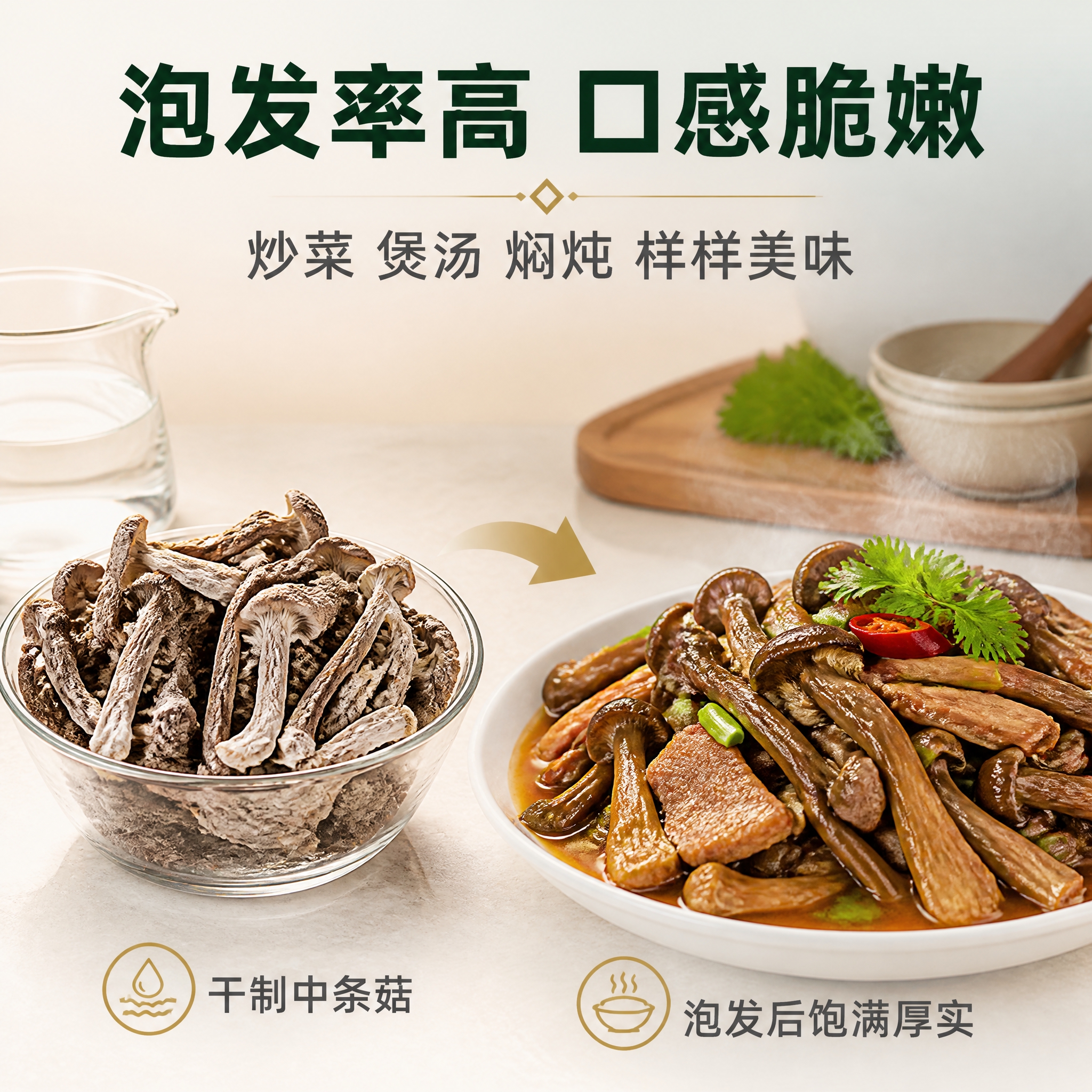 [主图-4] 烹饪场景图，展示鹿茸菇泡发后和烹饪后的诱人状态，… - 图片创意预览