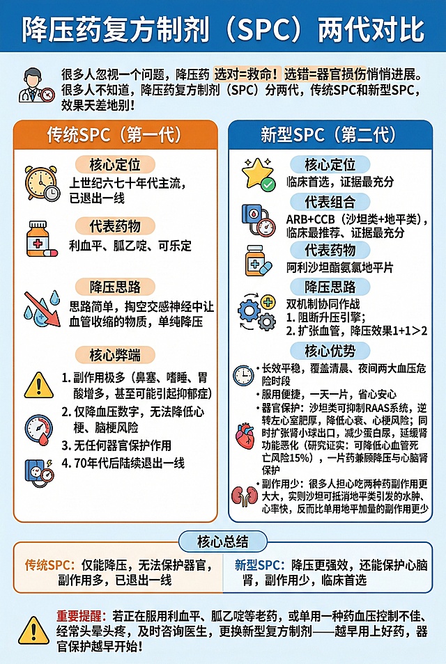 医疗科普信息图，降压药复方制剂（SPC）两代对比科普图。顶部标题区写"降压药复方制剂（SPC）两代对比"，引言写"很多人忽视一个问题，降压药 选对=救命！选错=器官损伤悄悄进展。很多人不知道，降压药复方制剂（SPC）分两代，传统SPC和新型SPC，效果天差地别！"。第一板块为传统SPC：核心定位上世纪六七十年代主流，已退出一线；代表药物利血平、胍乙啶、可乐定；降压思路思路简单，掏空交感神经中让血管收缩的物质，单纯降压；核心弊端①副作用极多（鼻塞、嗜睡、胃酸增多，甚至可能引起抑郁症）；②仅降血压数字，无法降低心梗、脑梗风险；③无任何器官保护作用；④70年代后陆续退出一线。第二板块为新型SPC：核心定位临床首选，证据最充分；代表组合ARB+CCB（沙坦类+地平类），临床最推荐、证据最充分；代表药物阿利沙坦酯氨氯地平片；降压思路双机制协同作战，①阻断升压引擎；②扩张血管，降压效果1+1>2；核心优势长效平稳，覆盖清晨、夜间两大血压危险时段；服用便捷，一天一片，省心安心；器官保护沙坦类可抑制RAAS系统，逆转左心室肥厚，降低心衰、心梗风险；同时扩张肾小球出口，减少蛋白尿，延缓肾功能恶化（研究证实：可降低心血管死亡风险15%），一片药兼顾降压与心脑肾保护；副作用少很多人担心吃两种药副作用更大，实则沙坦可抵消地平类引发的水肿、心率快，反而比单用地平加量的副作用更少。第三板块核心总结：传统SPC仅能降压，无法保护器官，副作用多，已退出一线；新型SPC降压更强效，还能保护心脑肾，副作用少，临床首选。底部重要提醒：若正在服用利血平、胍乙啶等老药，或单用一种药血压控制不佳、经常头晕头疼，及时咨询医生，更换新型复方制剂——越早用上好药，器官保护越早开始！医疗科普风格，清晰分区，专业严谨，信息排版清晰易读，重新生成一张不同的版本。