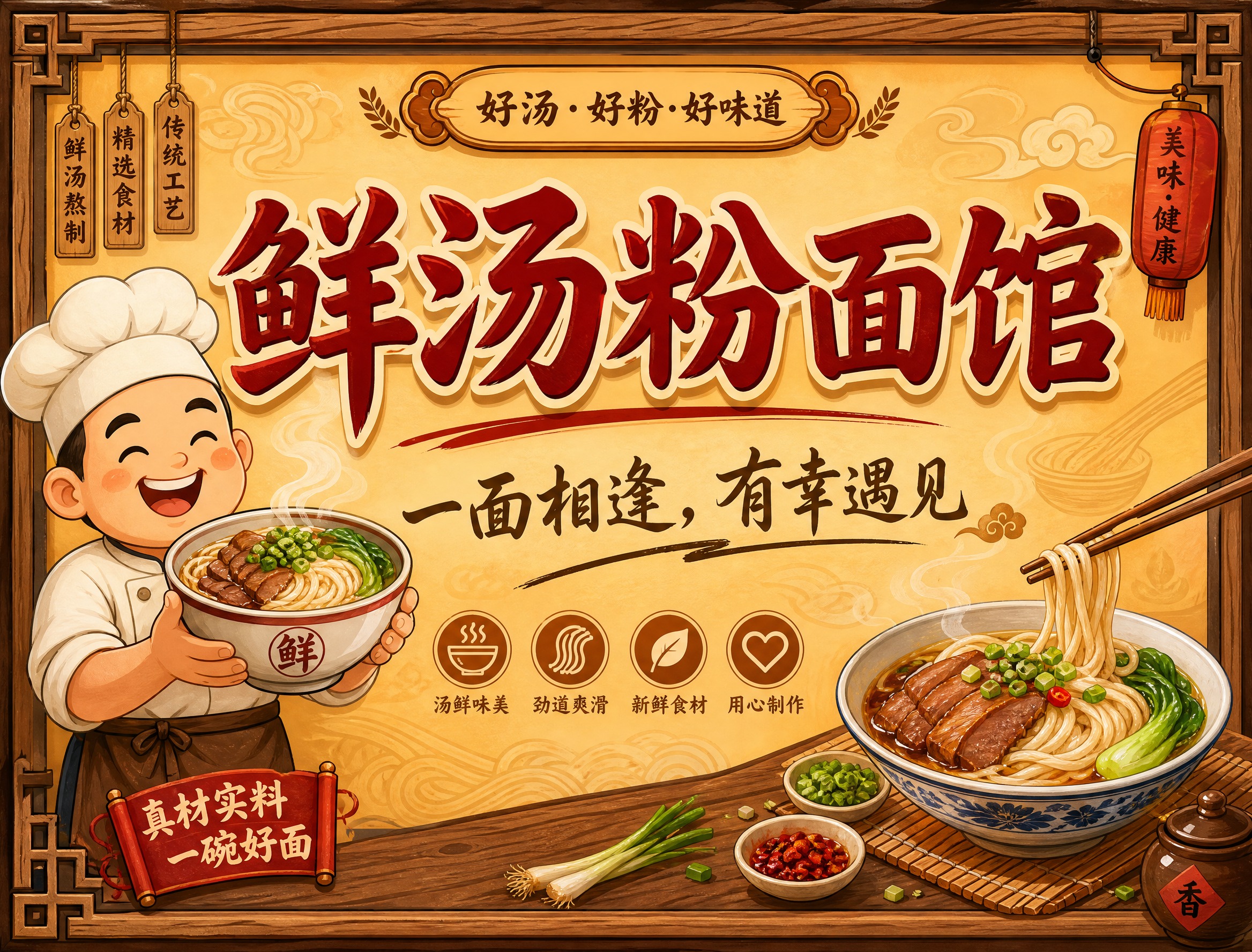 鲜汤粉面馆招牌设计，横向宽幅，比例422:322（横版）。暖色… - 图片创意预览