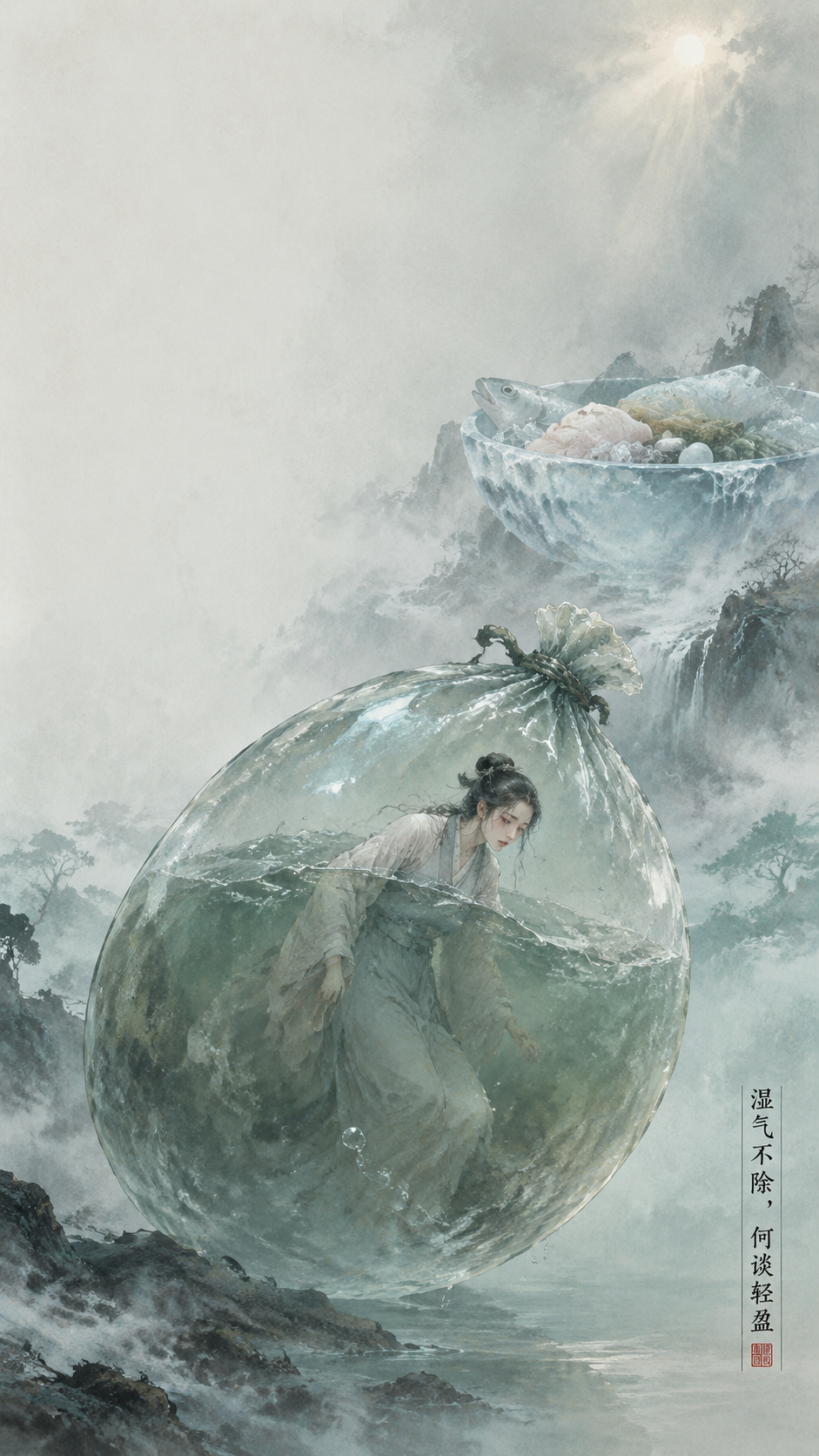 国风新中式工笔画风格，神话般雄奇场景，极简设计。画面中央，一位… - 图片创意预览