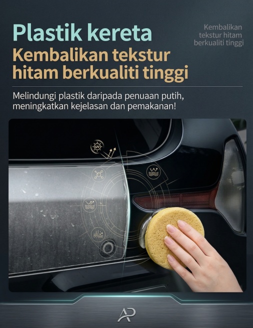 基于原图重新设计，整体极简干净、高级质感、低饱和，无杂乱元素。黑色高级汽车风，深色干净配色，马来简约高级风格，构图干净，大标题亮色加粗突出卖点，轻科技感。保留原图文结构和马来语文案：大标题 "Plas预览效果