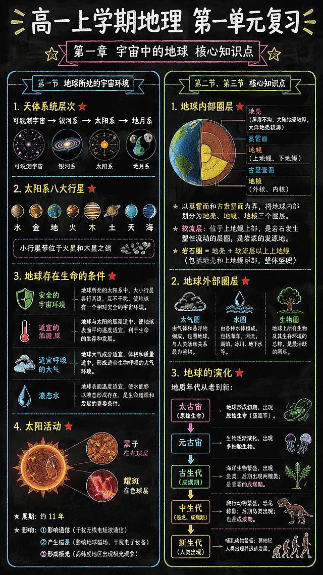 深色黑板纹理背景，彩色粉笔手绘高中地理复习海报，整体风格清新整洁，适合高一学生复习使用。主标题用白色粉笔书写："高一上学期地理 第一单元复习"，副标题："第一章 宇宙中的地球 核心知识点"。整体分为左右两个区域，用彩色粉笔手绘分区边框。左区整理第一节《地球所处的宇宙环境》核心知识点，分点清晰：1.天体系统层次：可观测宇宙 → 银河系 → 太阳系 → 地月系；2.太阳系八大行星：水 金 地 火 木 土 天 海，小行星带位于火星和木星之间；3.地球存在生命：安全的宇宙环境、适宜的温度、适宜呼吸的大气、液态水；4.太阳活动：黑子在光球层，耀斑在色球层，周期11年，影响通信、产生磁暴、形成极光。右区整理第二节和第三节核心知识点：1.地球内部圈层：以莫霍面和古登堡面为界，分为地壳、地幔、地核，软流层位于上地幔，是岩浆发源地；岩石圈=地壳+软流层以上上地幔；2.地球外部圈层：大气圈、水圈、生物圈，生物圈最活跃；3.地球演化：地质年代从老到新：太古宙（原始生命）→元古宙→古生代（成煤期）→中生代（恐龙、成煤期）→新生代（人类出现）。用红色五角星标出高考高频考点，所有文字清晰可读，排版工整，粉笔质感真实，知识点完整填充，无留白，所有数字精确渲染。