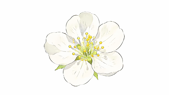 参考这朵梨花的手绘插画风格，重新生成一朵清新的白色梨花插画，保持清新淡彩手绘风格，白色背景，干净简约