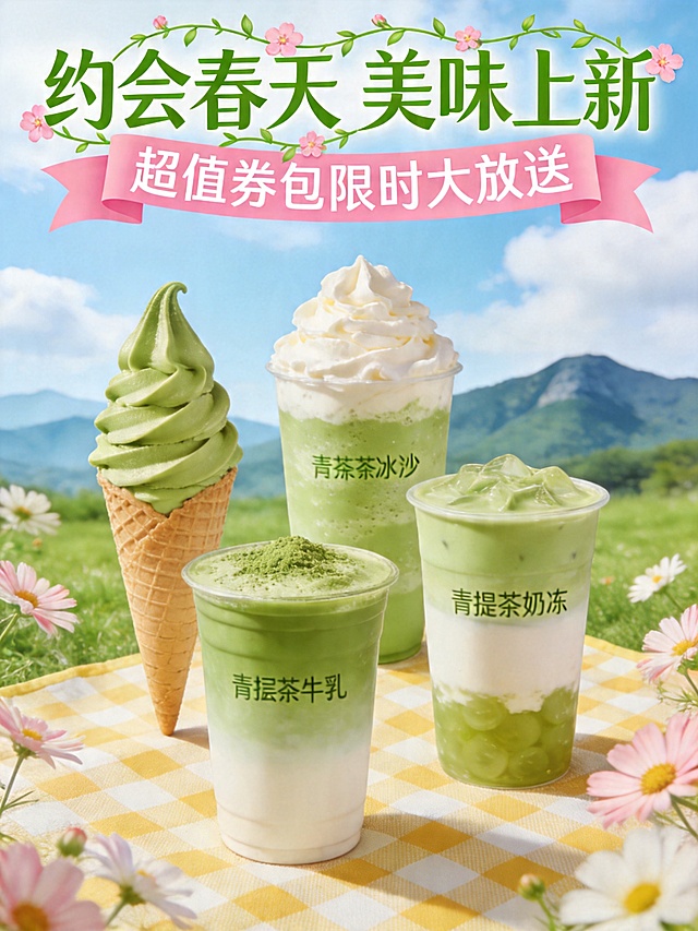 春日抹茶饮品促销海报。主体为4款抹茶系新品：抹茶甜筒、奶油顶抹茶冰沙、分层抹茶牛乳、青提抹茶奶冻杯，四款产品整齐摆放在黄白格纹野餐垫上。背景是清新春日户外场景：蓝天白云、远处青山、翠绿草地，四周环绕格桑花，整体生机盎然。顶部艺术字"约会春天 美味上新"，文字以绿色藤蔓、粉色小花装饰，标题下方粉色飘带标注"超值券包限时大放送"。整体以清新绿、奶白、粉色为主色调，画面明亮通透、层次分明，写实商业摄影风格，光影自然柔和，排版吸睛醒目，适配茶饮店春日上新促销宣传使用。