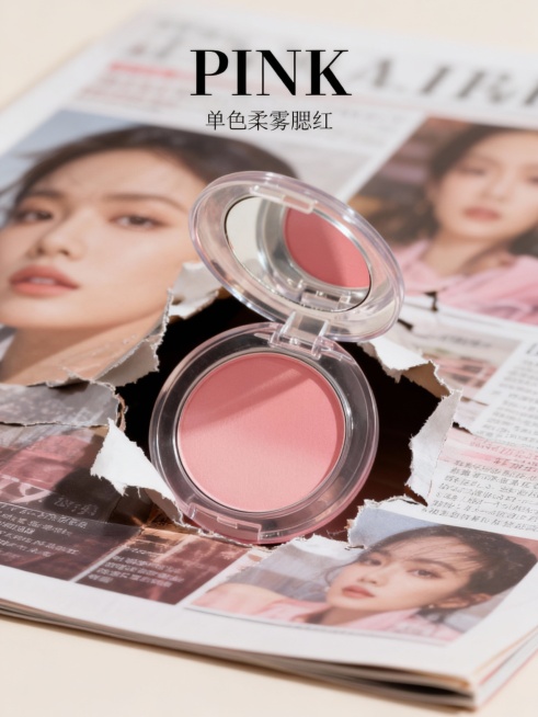 参考图中的腮红盘巨大化撕开铺满全屏的杂志封面，从杂志的裂缝中探出，上方杂志标题“PINK”，下方小标题“单色柔雾腮红”。预览效果