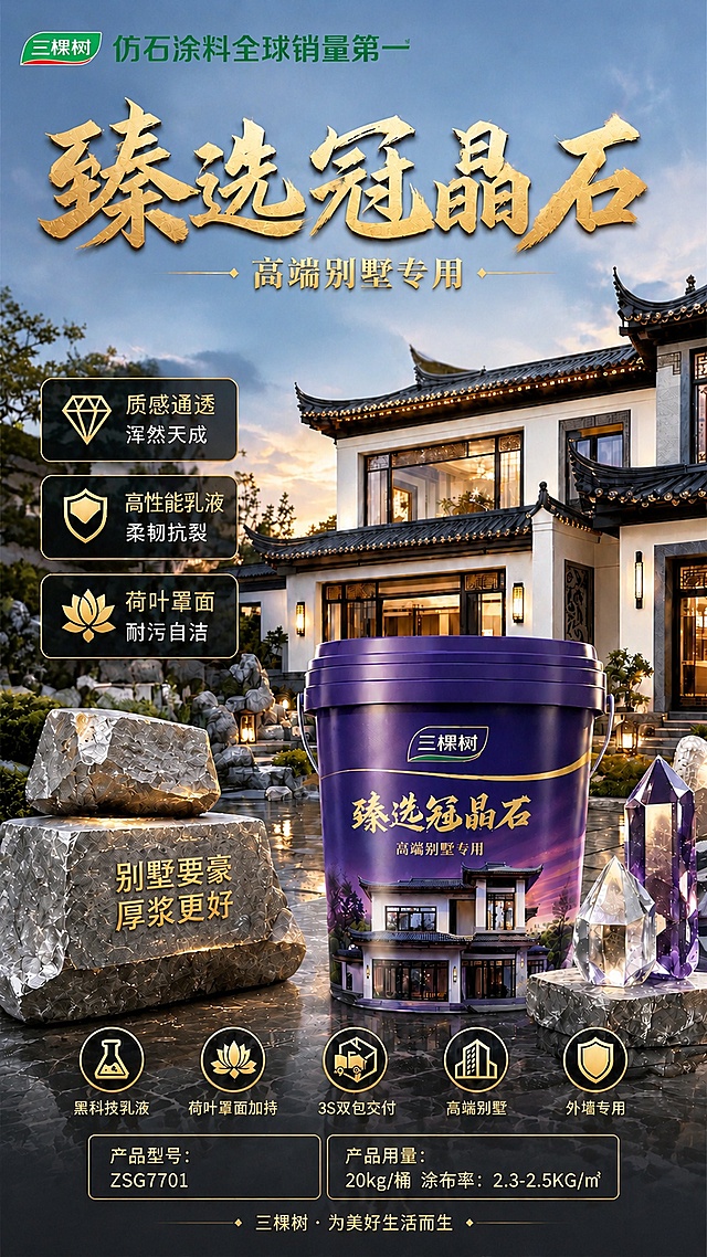 调亮整体画面亮度，提升整体明度让画面更通透；将石头上的文字"坚硬如石 历久如新"替换为"别墅要豪 厚浆更好"，保留所有其他现有内容、版式和产品信息，突出产品坚硬质感，保持整体风格协调自然。