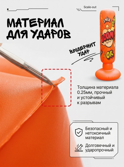 高清8K画质，暖光特写拍摄，统一街头卡通风格，杂志式特写排版，画面中心为产品PVC材质特写，用红色虚线框标注材质厚度，搭配俄文文字 "Толщина материала 0.25мм, прочный预览效果