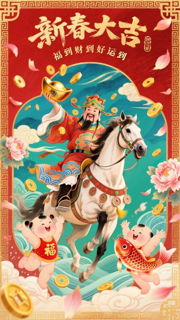 生成四组中国风的电影海报，专为 2026 年中国农历新年（马年）而作。画面中央，健壮的财神爷骑着一匹威仪不凡的骏马。财神爷左手欢快地握着一块硕大的金锭，右手则抛撒着金币。骏马的鞍具上装饰着流苏和铜币饰预览效果