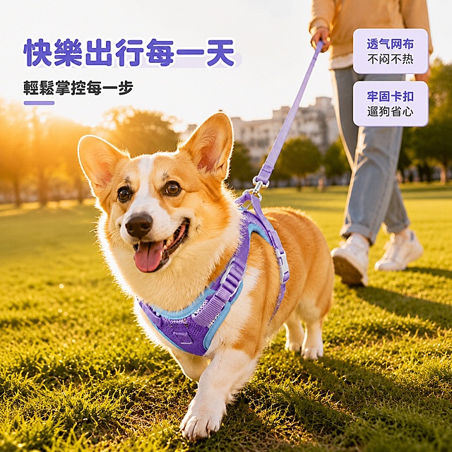 [主图-1] 宠物胸背带牵引套装产品情绪首图；户外阳光温馨氛围感、真实自然生活感；商业摄影质感、光线柔和通透、产品清晰真实、画面干净高级。浅棕色柯基犬佩戴紫色胸背带牵引绳走在前景草坪上，表情开心愉悦，主人在背景牵着牵引绳走路，只露出下半身不抢主体；胸背带产品在画面中清晰突出，商品主体占比严格控制在65%左右；保持胸背带外观物理结构材质颜色与输入产品图绝对一致，杜绝任何变形和色差，精细化处理。背景是绿意盎然的公园草坪，黄昏暖光氛围，画面满屏无边框。黄昏暖金色侧光，草地和宠物毛发层次清晰，光线柔和通透，主光突出产品轮廓，辅光填充阴影让整体画面干净明亮，暗部有细节不发黑。主色调为草坪绿色和产品紫色，搭配暖金色阳光氛围，清新自然。平视四分之三视角，宠物为视觉中心，前景宠物背景主人，空间层次分明，景深适中，产品轮廓完整不裁切。左上负空间左对齐留安全边距，大字主文案"快樂出行每一天"紫色圆润粗体；下方辅助短句"輕鬆掌控每一步"黑色小一半字号。右上角不遮挡产品处放两个圆角卖点标签"透气网布 不闷不热""牢固卡扣 遛狗省心"，浅色底深色字对比清晰。去除超级工厂logo、福宝logo和俄罗斯海外仓跨境相关文字信息，文字清晰可读，禁止文字错乱。1:1比例，4k分辨率，文字清晰锐利，画面超高清。负向提示词：变形，文字错乱，产品图模糊，背景杂乱，水印，电商平台Logo，超级工厂logo，福宝logo，无关文字信息，俄罗斯海外仓字样