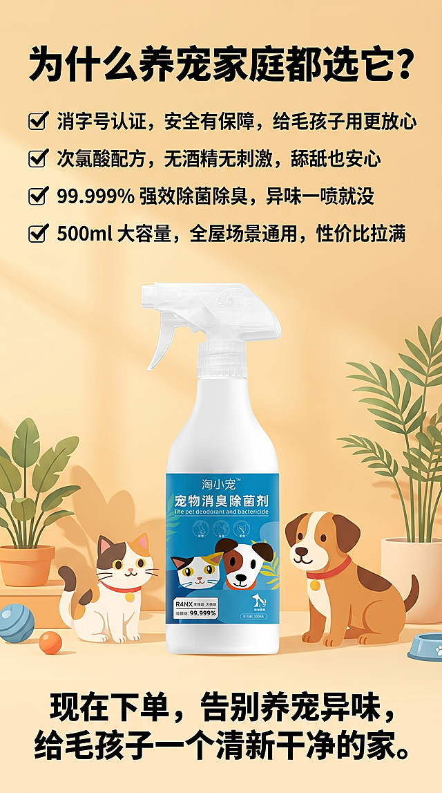 电商详情页收尾信任与购买理由图，背景是暖黄色浅橙色的温馨背景，搭配产品瓶身加宠物的治愈场景。顶部加粗主标题"为什么养宠家庭都选它？"。核心购买理由4点分点，用加粗加对勾高亮：消字号认证，安全有保障，给毛孩子用更放心；次氯酸配方，无酒精无刺激，舔舐也安心；99.999% 强效除菌除臭，异味一喷就没；500ml 大容量，全屋场景通用，性价比拉满。底部居中超大加粗行动号召：现在下单，告别养宠异味，给毛孩子一个清新干净的家。整体温馨治愈，刺激下单的电商风格，融入原图产品瓶身