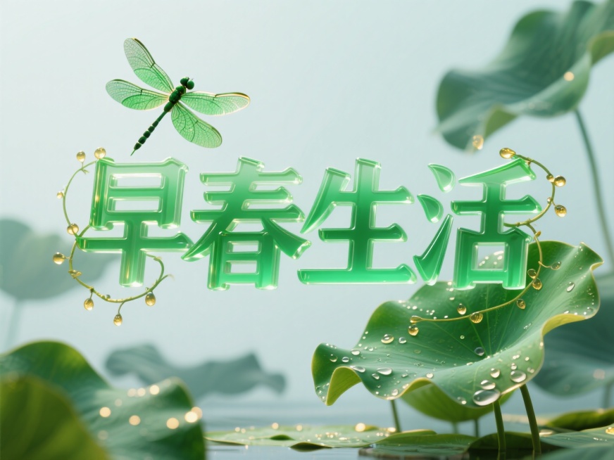 新中式立体艺术字，主标题‘早春生活’，翠绿色半透明亚克力材质，字体边缘生长出柔嫩藤蔓与露珠，背景为水墨晕染的初夏荷塘，点缀蜻蜓翅膀光影和若隐若现的绿叶脉络，整体色调以青绿渐变为主，搭配金色光斑点缀叶片预览效果