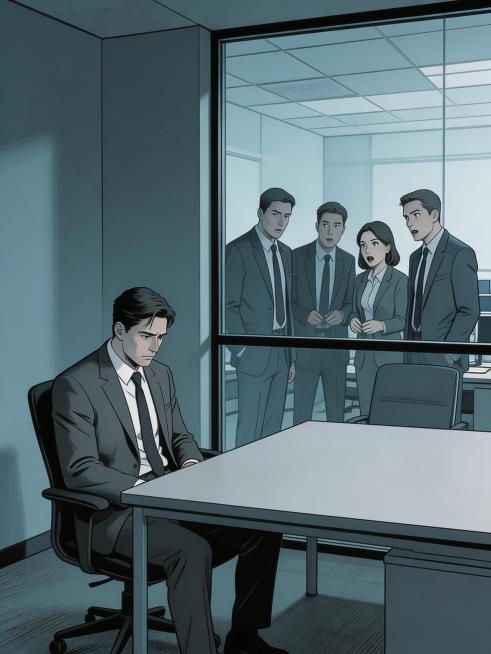一位穿西装的职场人独自坐在昏暗的办公室角落，面前是一张空旷的桌子，背后是玻璃隔断，隔断外的同事们正在低声交谈并暗中看向他。整体色调冷蓝灰，光线从外部照入，主角处于阴影中，营造出被孤立、被算计的压抑氛围预览效果