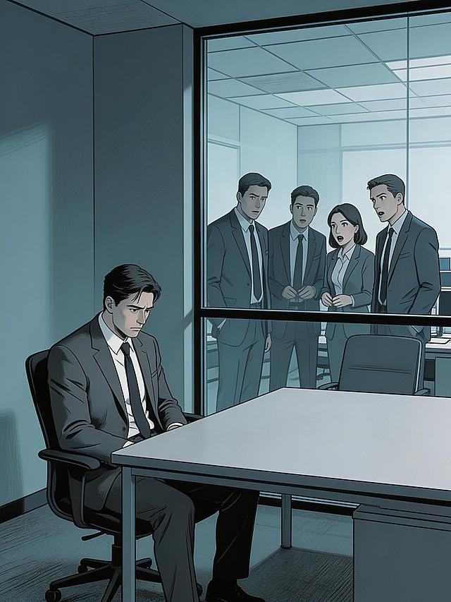 一位穿西装的职场人独自坐在昏暗的办公室角落，面前是一张空旷的桌子，背后是玻璃隔断，隔断外的同事们正在低声交谈并暗中看向他。整体色调冷蓝灰，光线从外部照入，主角处于阴影中，营造出被孤立、被算计的压抑氛围，漫画风格