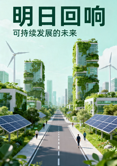 静态海报设计，主题《明日回响：可持续发展的未来》，聚焦环境保护与可持续发展，呈现充满生机的未来绿色城市，人与自然和谐共生，充满绿色植被和清洁能源设施，现代简约设计风格，主标题"明日回响"副标题"可持续预览效果