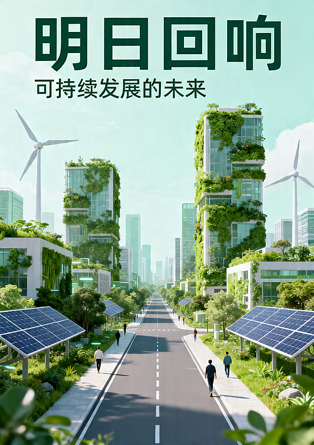 静态海报设计，主题《明日回响：可持续发展的未来》，聚焦环境保护与可持续发展，呈现充满生机的未来绿色城市，人与自然和谐共生，充满绿色植被和清洁能源设施，现代简约设计风格，主标题"明日回响"副标题"可持续发展的未来"，整体色调清新自然，传递对绿色低碳未来的憧憬