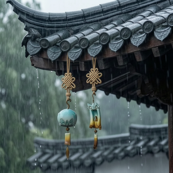 保留原有两个风铃，将悬挂绳改成中式传统绳结，把绳结绑在风铃顶部的尾钩上，保持雨天中式青瓦房檐场景，写实风格，保留原有陶瓷风铃造型和材质配色预览效果